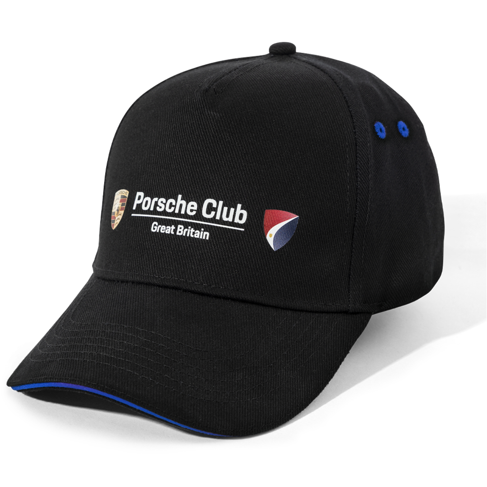 Black cap with Porsche Club Great Britain logo on a white background