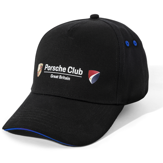 Black cap with Porsche Club Great Britain logo on a white background