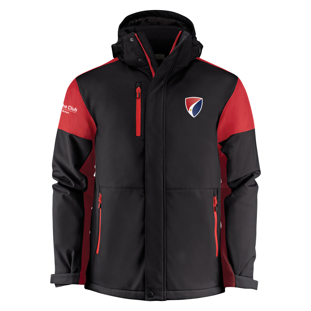 Black and red jacket with a logo on a white background