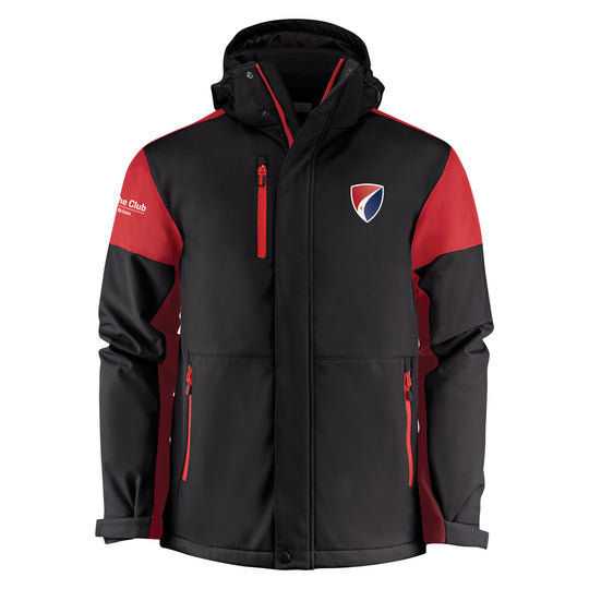 Black and red jacket with a logo on a white background