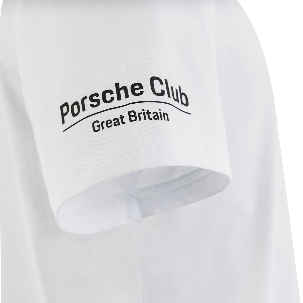 White sweatshirt with 'Porsche Club Great Britain' text on a white background