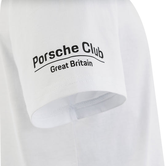 White sweatshirt with 'Porsche Club Great Britain' text on a white background