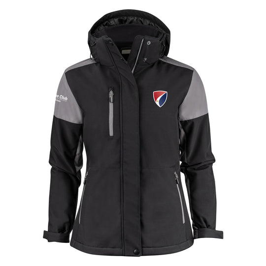 Black and gray jacket with a logo on a white background