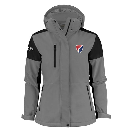 Gray and black jacket with a logo on a white background