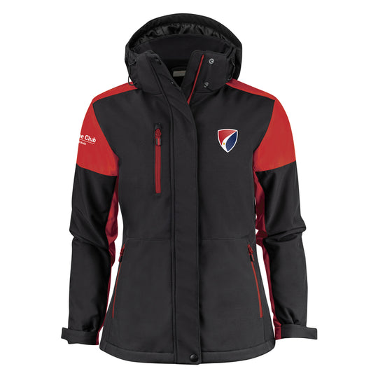 Black and red jacket with a logo on a white background