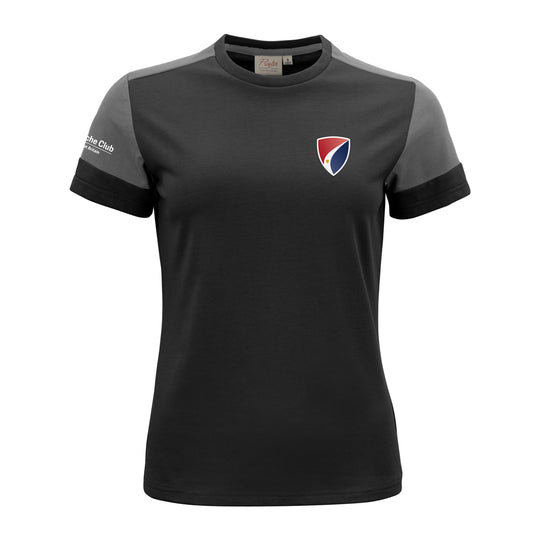 Black t-shirt with gray sleeves featuring a logo on a white background