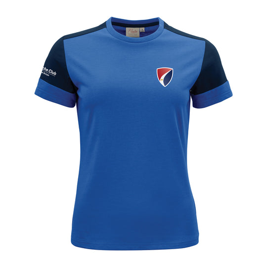 Blue sports t-shirt with a logo on a white background