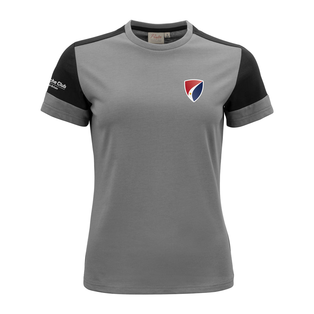 Gray t-shirt with black sleeves and a logo on a white background