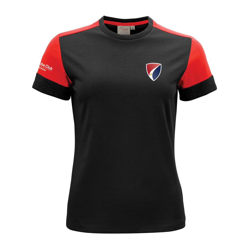 Black and red sports t-shirt with a logo on a white background